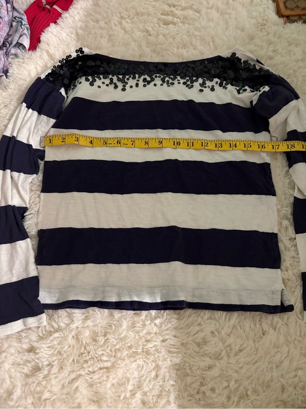 Loft Navy and White Striped Sequin-Embellished Top